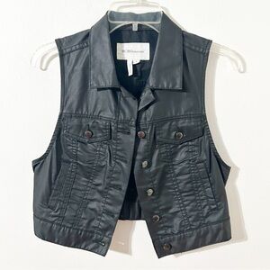 BCBGeneration Black Faux Leather Crop Sleeveless Vest Button Front Point Collar